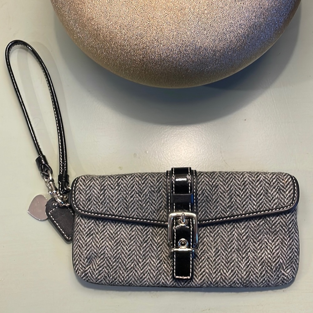 Coach herringbone wool wristlet/patent leather strap